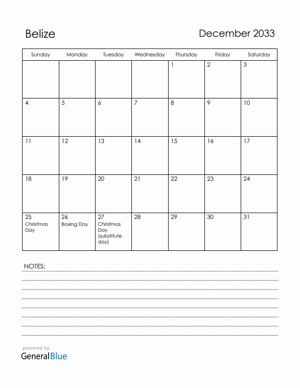 December 2033 Belize Calendar with Holidays (Sunday Start)