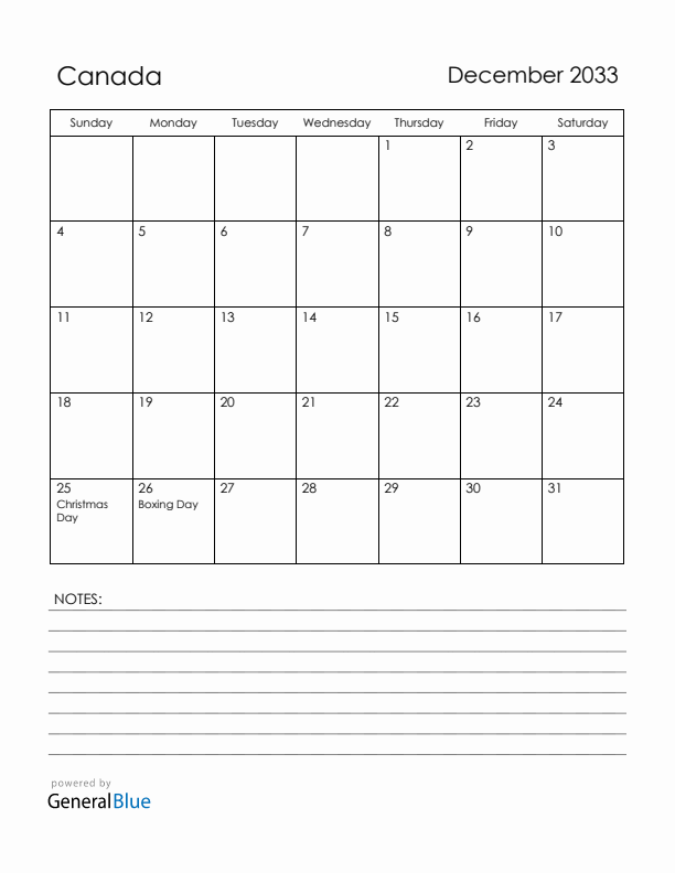 December 2033 Canada Calendar with Holidays (Sunday Start)