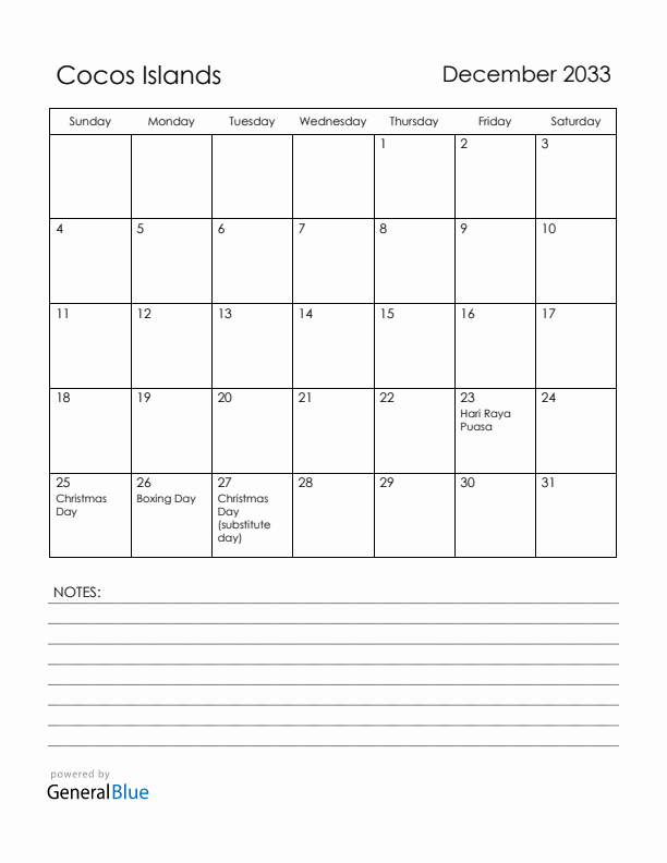 December 2033 Cocos Islands Calendar with Holidays (Sunday Start)