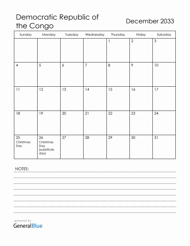 December 2033 Democratic Republic of the Congo Calendar with Holidays (Sunday Start)