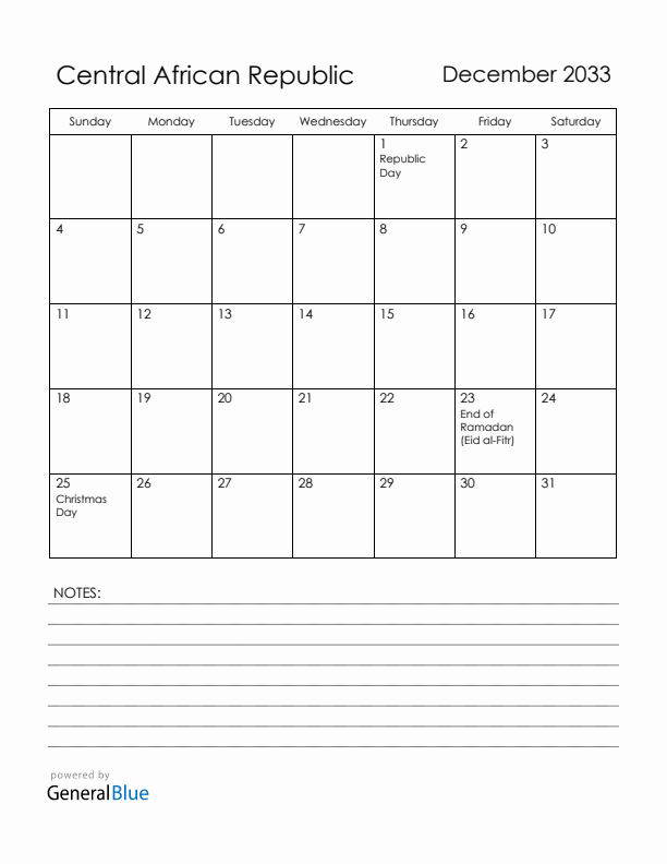 December 2033 Central African Republic Calendar with Holidays (Sunday Start)