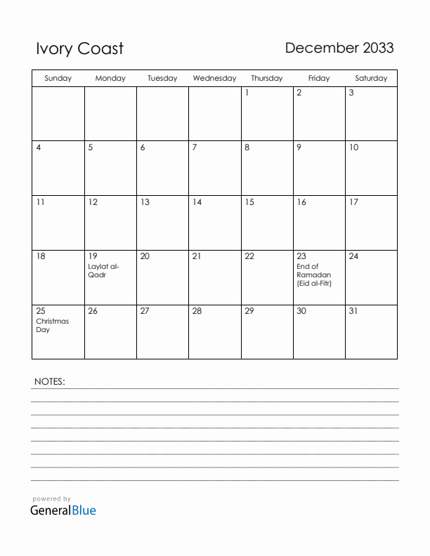 December 2033 Ivory Coast Calendar with Holidays (Sunday Start)