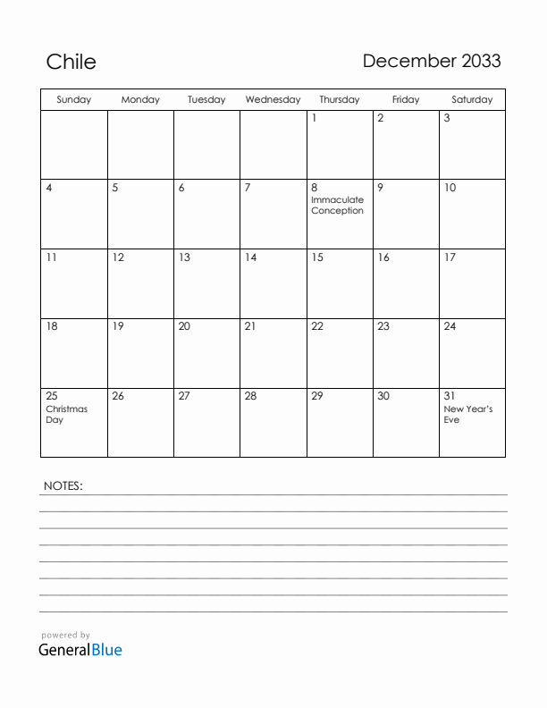 December 2033 Chile Calendar with Holidays (Sunday Start)