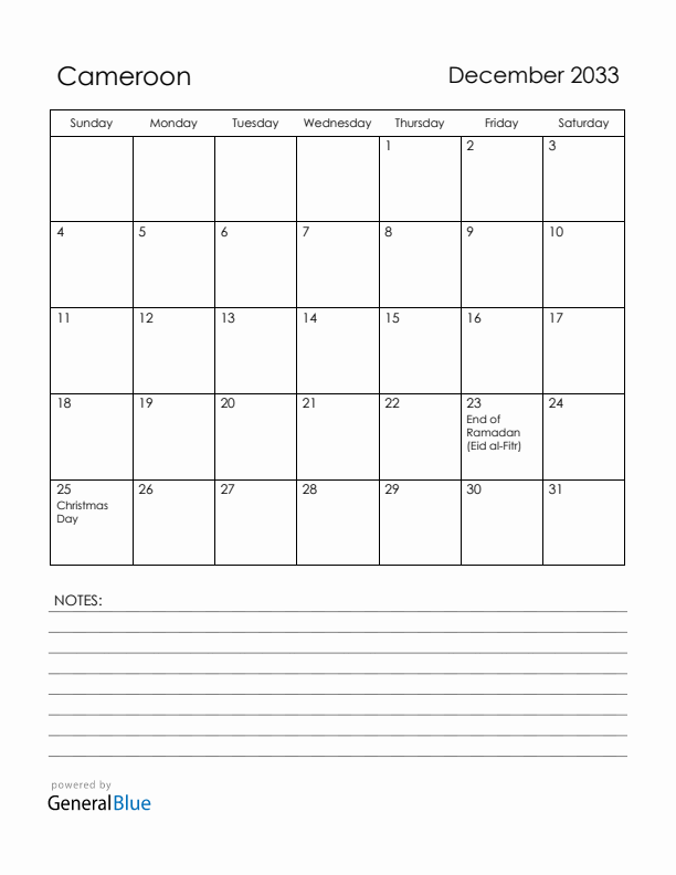December 2033 Cameroon Calendar with Holidays (Sunday Start)