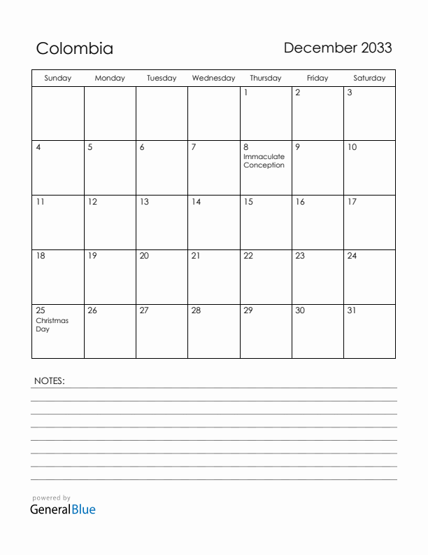 December 2033 Colombia Calendar with Holidays (Sunday Start)