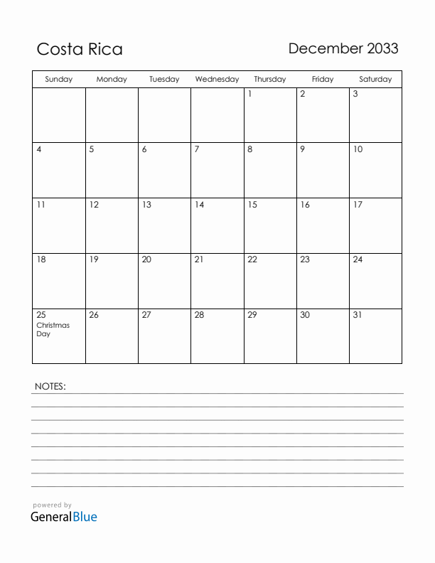 December 2033 Costa Rica Calendar with Holidays (Sunday Start)