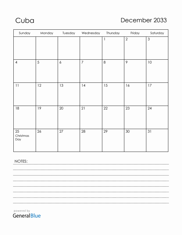 December 2033 Cuba Calendar with Holidays (Sunday Start)