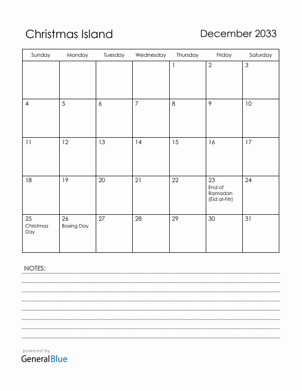 December 2033 Christmas Island Calendar with Holidays (Sunday Start)