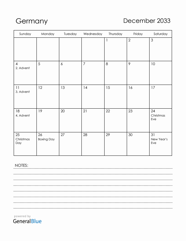 December 2033 Germany Calendar with Holidays (Sunday Start)