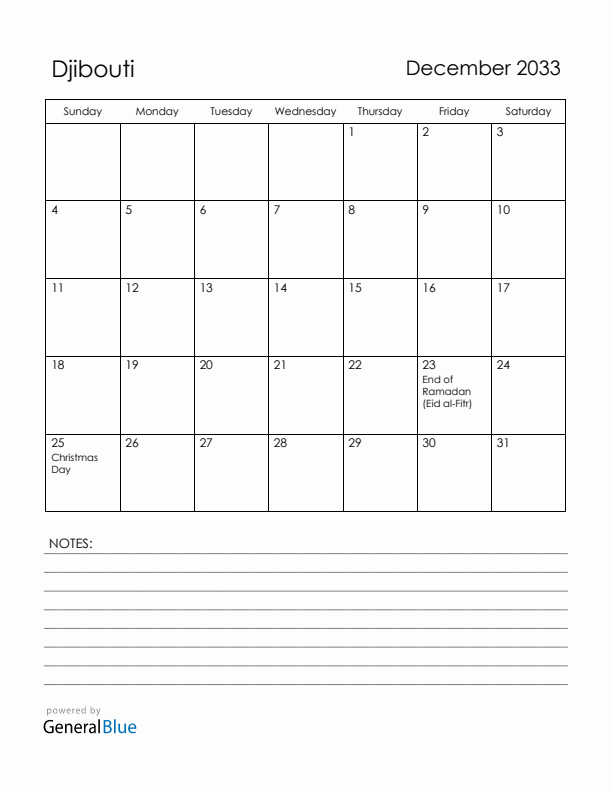 December 2033 Djibouti Calendar with Holidays (Sunday Start)