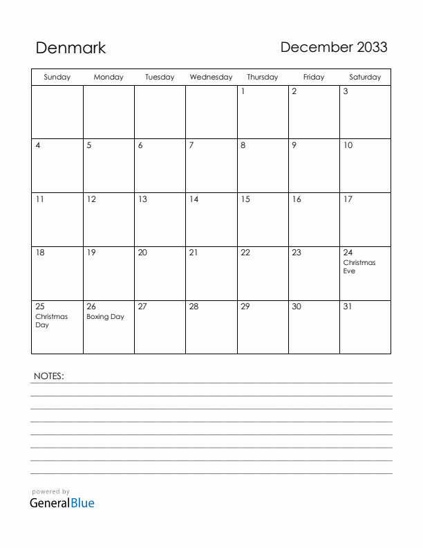December 2033 Denmark Calendar with Holidays (Sunday Start)