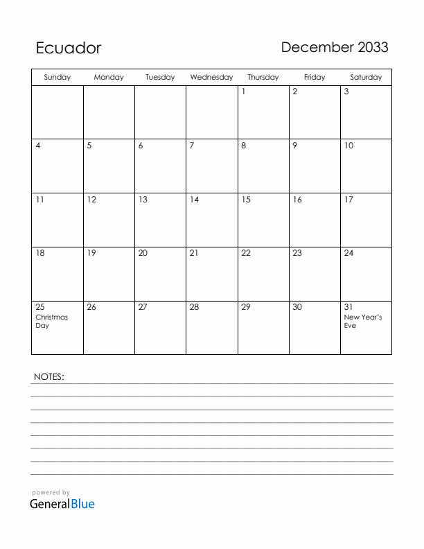 December 2033 Ecuador Calendar with Holidays (Sunday Start)