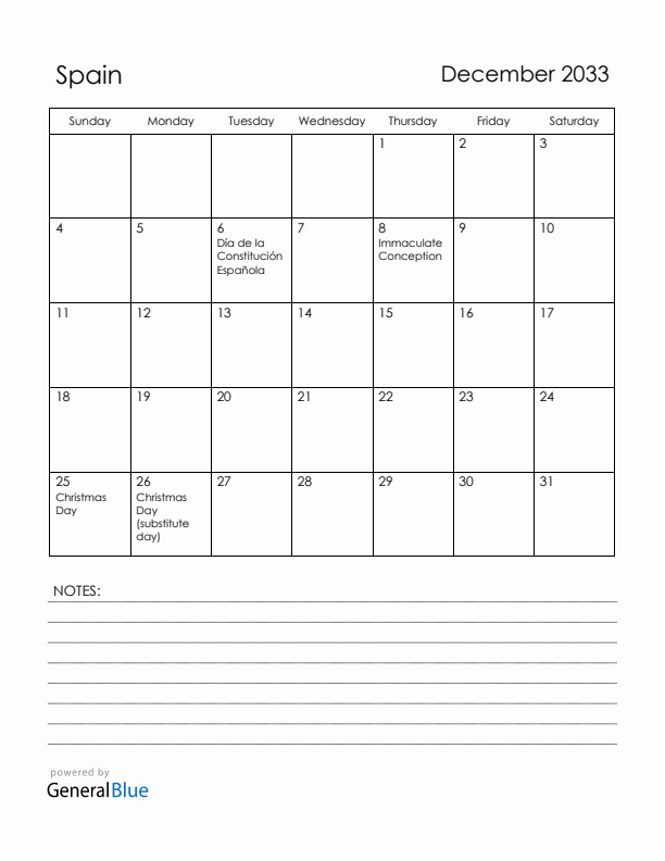 December 2033 Spain Calendar with Holidays (Sunday Start)