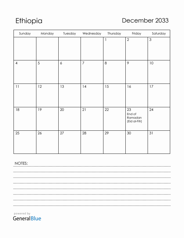December 2033 Ethiopia Calendar with Holidays (Sunday Start)