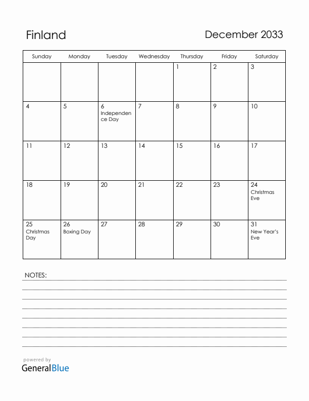 December 2033 Finland Calendar with Holidays (Sunday Start)