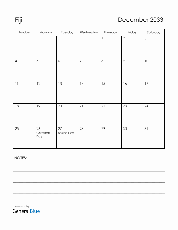 December 2033 Fiji Calendar with Holidays (Sunday Start)