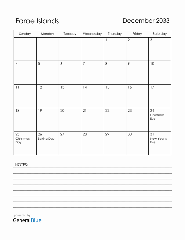 December 2033 Faroe Islands Calendar with Holidays (Sunday Start)