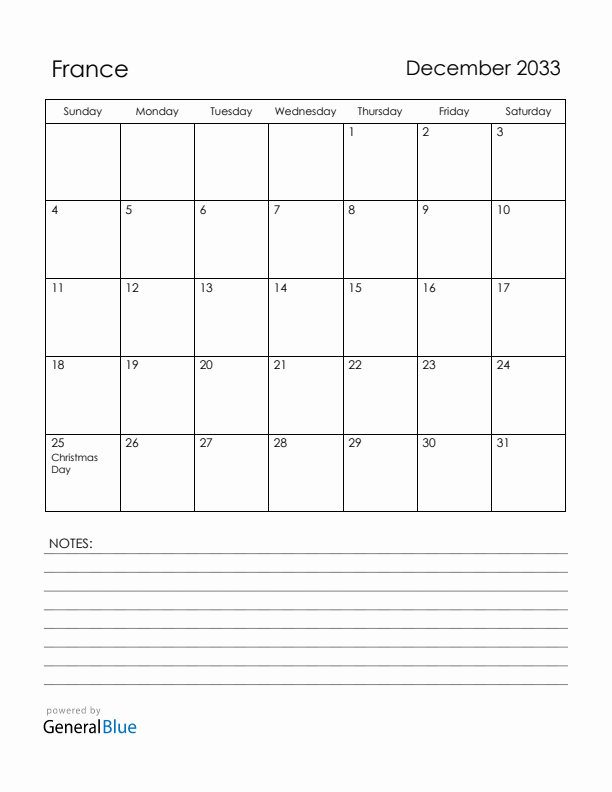 December 2033 France Calendar with Holidays (Sunday Start)