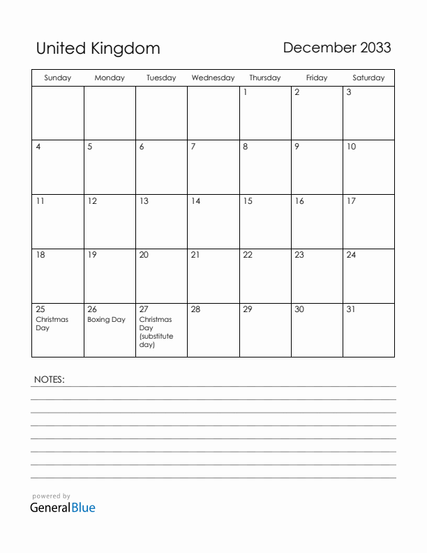 December 2033 United Kingdom Calendar with Holidays (Sunday Start)