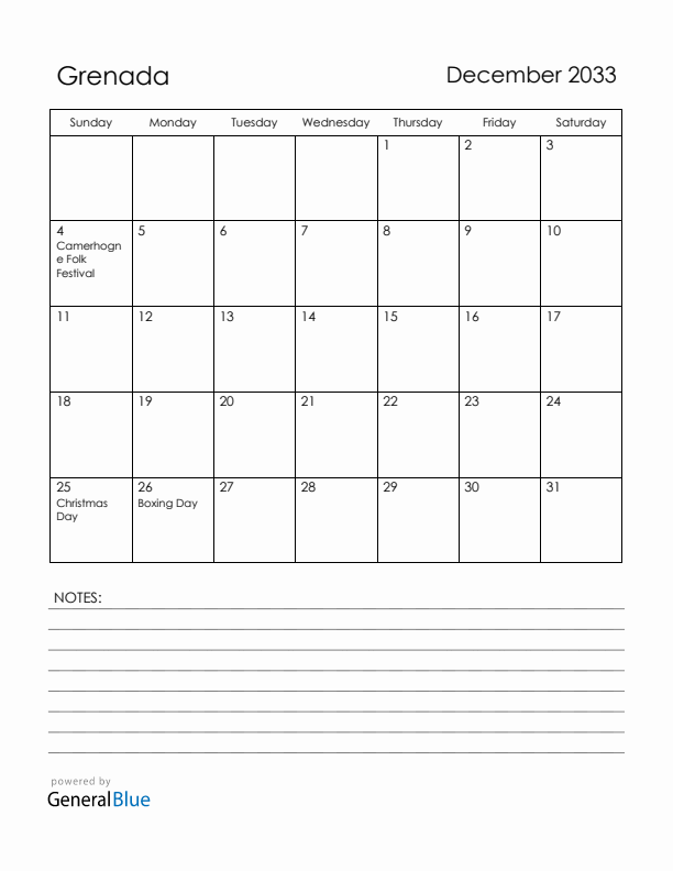 December 2033 Grenada Calendar with Holidays (Sunday Start)