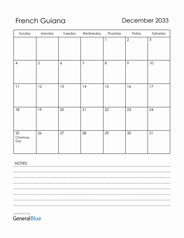 December 2033 French Guiana Calendar with Holidays (Sunday Start)