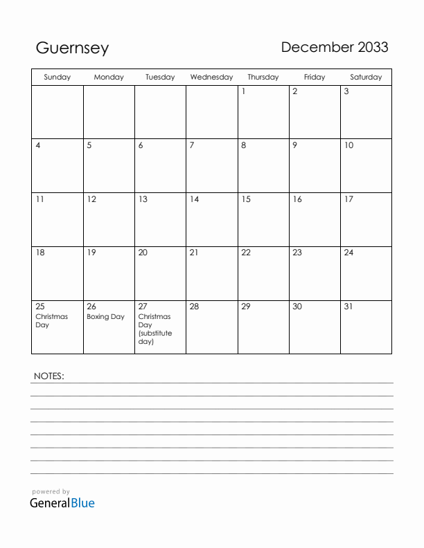 December 2033 Guernsey Calendar with Holidays (Sunday Start)