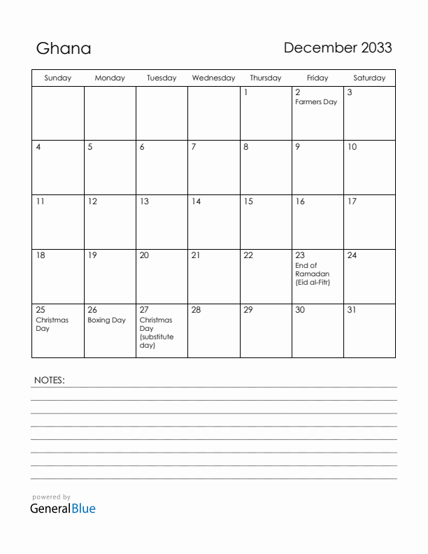 December 2033 Ghana Calendar with Holidays (Sunday Start)