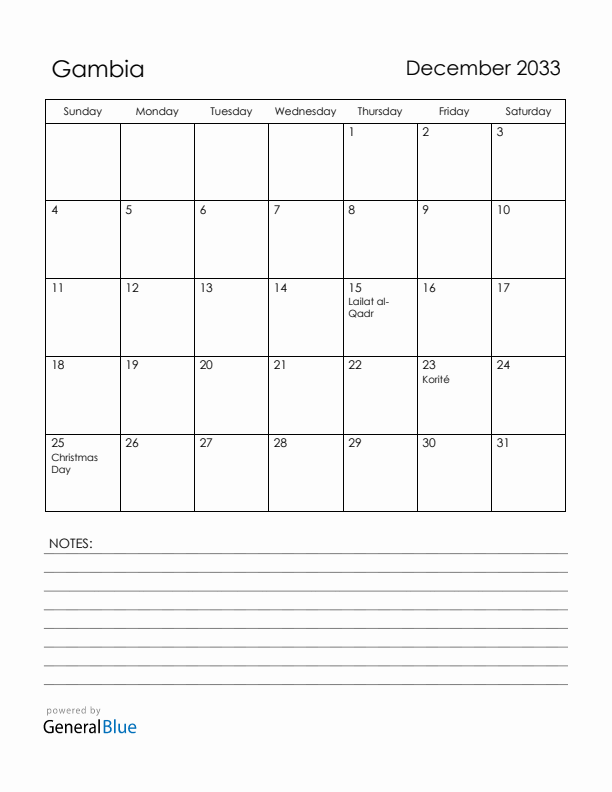 December 2033 Gambia Calendar with Holidays (Sunday Start)