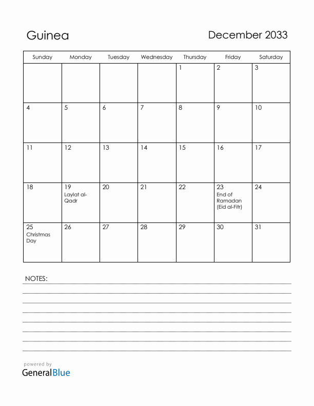 December 2033 Guinea Calendar with Holidays (Sunday Start)