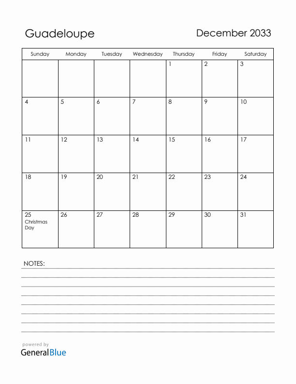 December 2033 Guadeloupe Calendar with Holidays (Sunday Start)