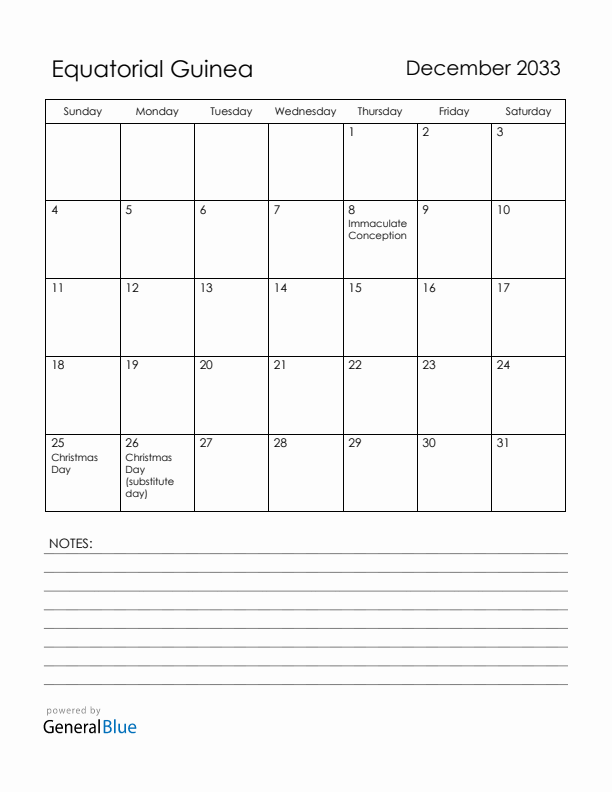 December 2033 Equatorial Guinea Calendar with Holidays (Sunday Start)