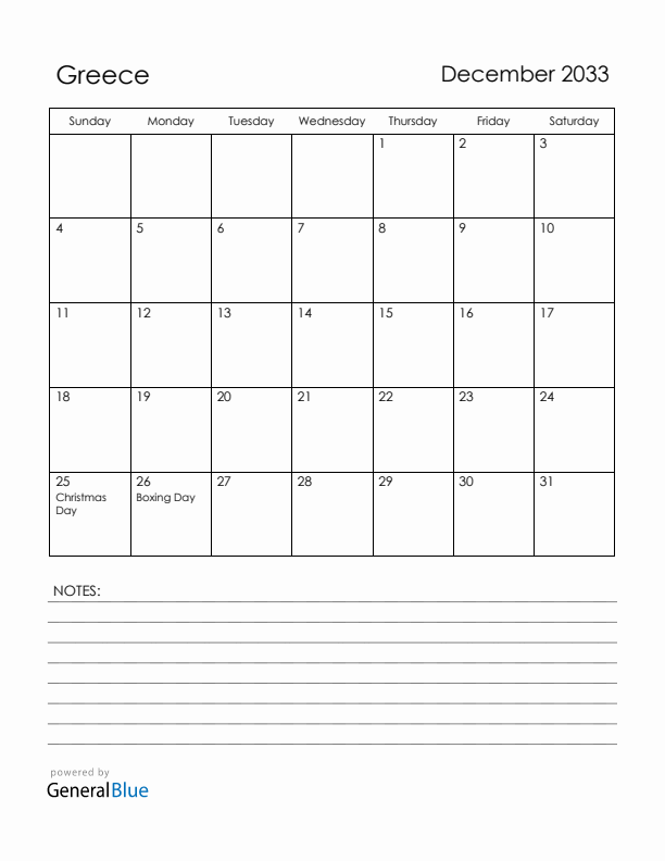 December 2033 Greece Calendar with Holidays (Sunday Start)