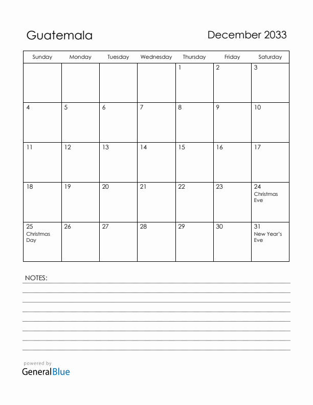 December 2033 Guatemala Calendar with Holidays (Sunday Start)