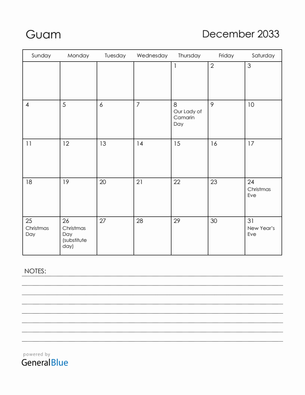 December 2033 Guam Calendar with Holidays (Sunday Start)