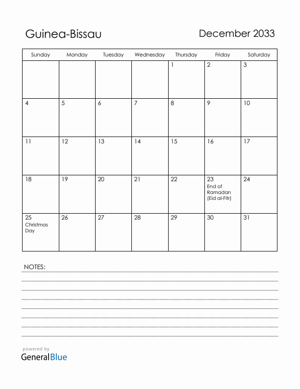 December 2033 Guinea-Bissau Calendar with Holidays (Sunday Start)