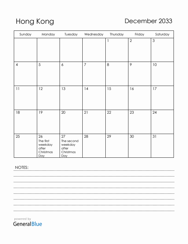 December 2033 Hong Kong Calendar with Holidays (Sunday Start)