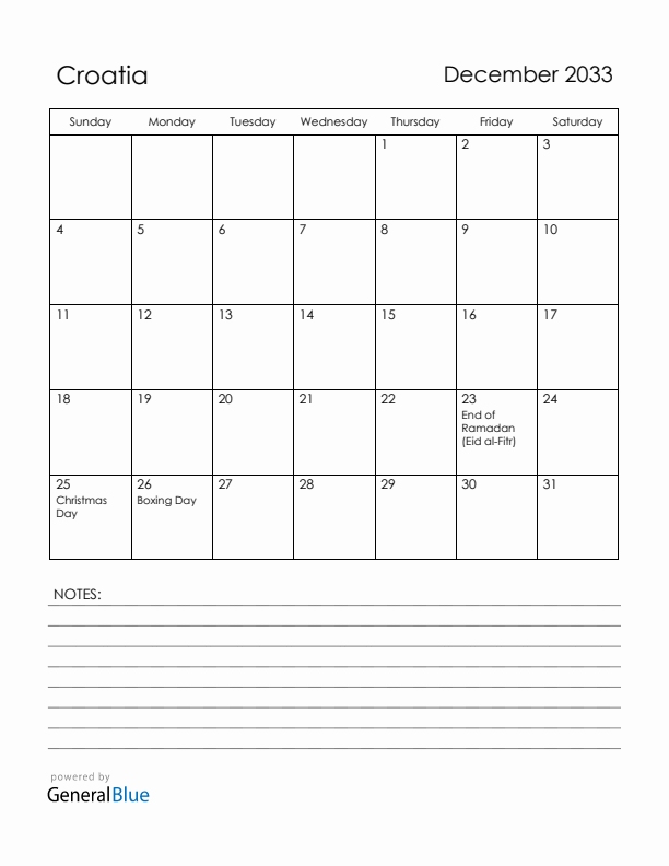 December 2033 Croatia Calendar with Holidays (Sunday Start)