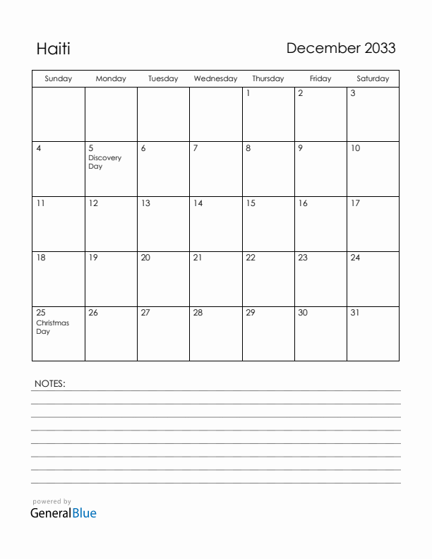 December 2033 Haiti Calendar with Holidays (Sunday Start)