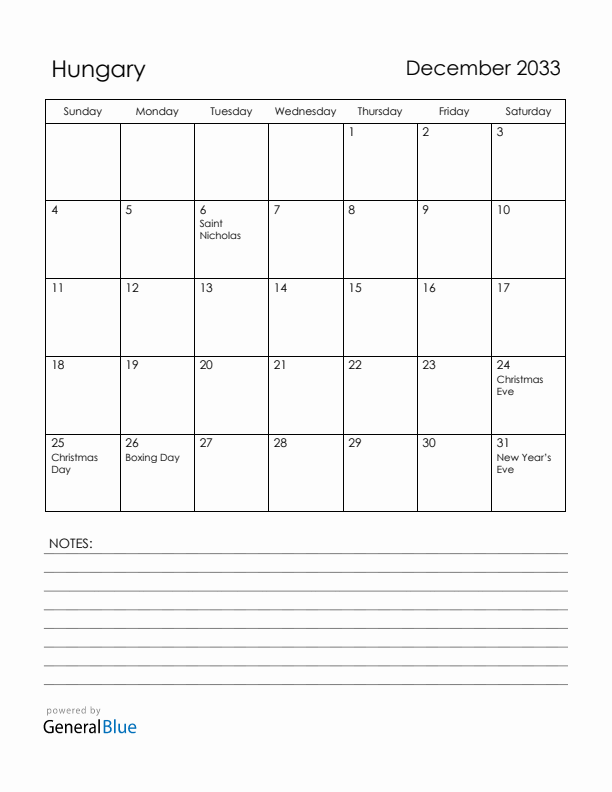 December 2033 Hungary Calendar with Holidays (Sunday Start)