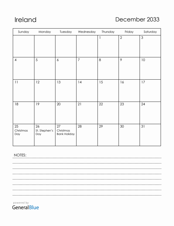 December 2033 Ireland Calendar with Holidays (Sunday Start)