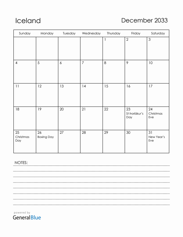 December 2033 Iceland Calendar with Holidays (Sunday Start)
