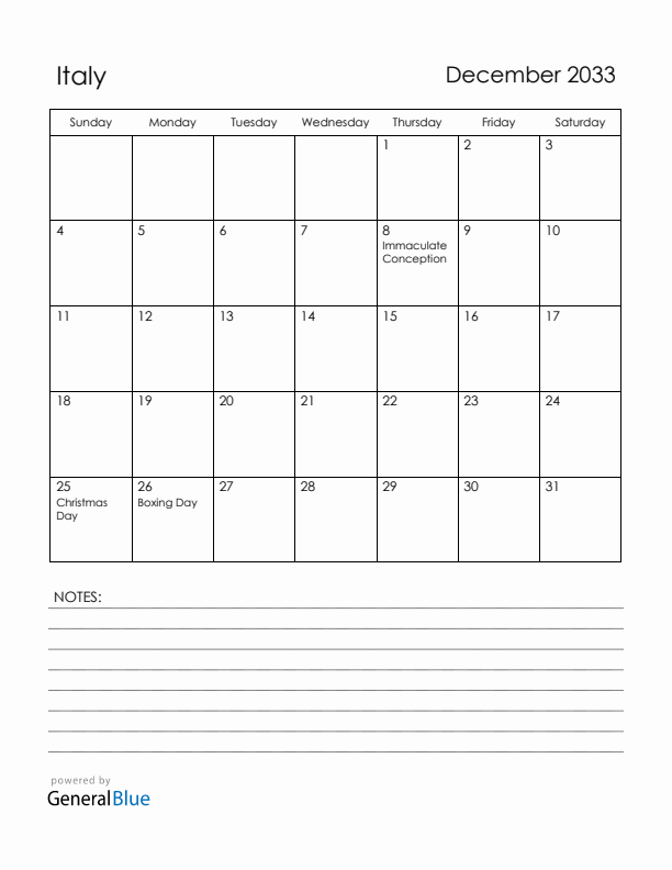 December 2033 Italy Calendar with Holidays (Sunday Start)