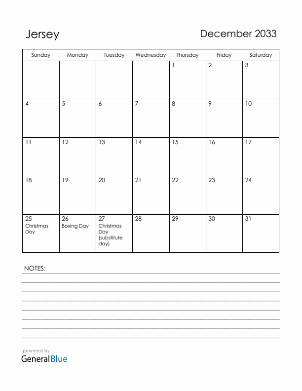 December 2033 Jersey Calendar with Holidays (Sunday Start)