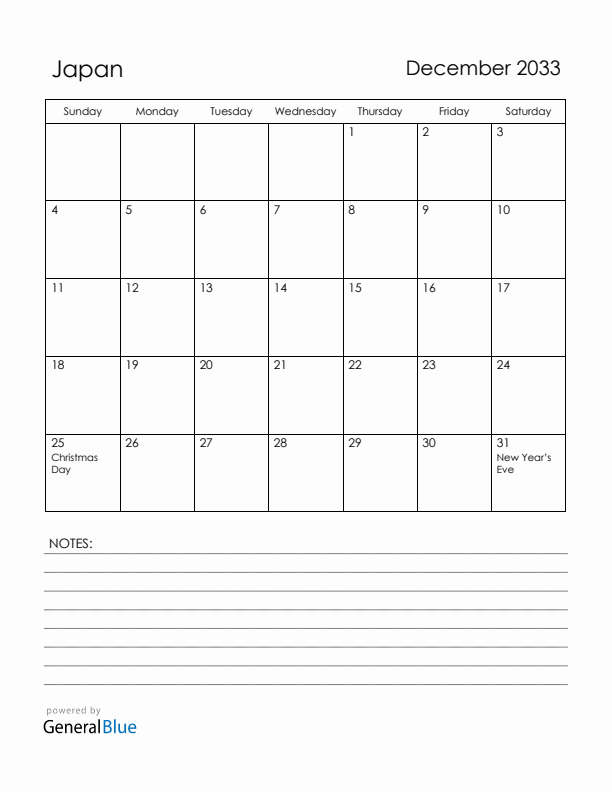 December 2033 Japan Calendar with Holidays (Sunday Start)
