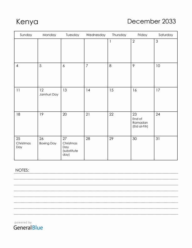December 2033 Kenya Calendar with Holidays (Sunday Start)