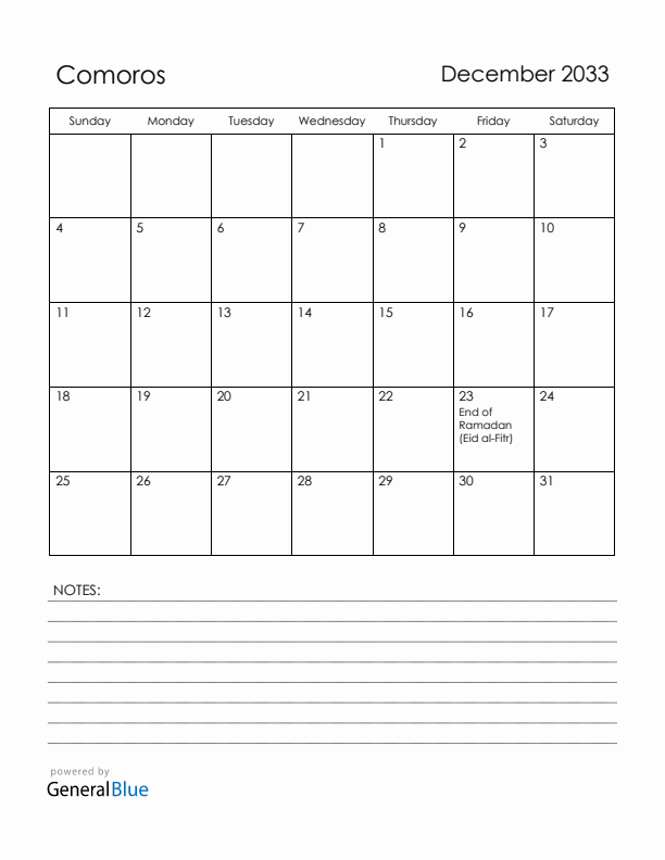 December 2033 Comoros Calendar with Holidays (Sunday Start)