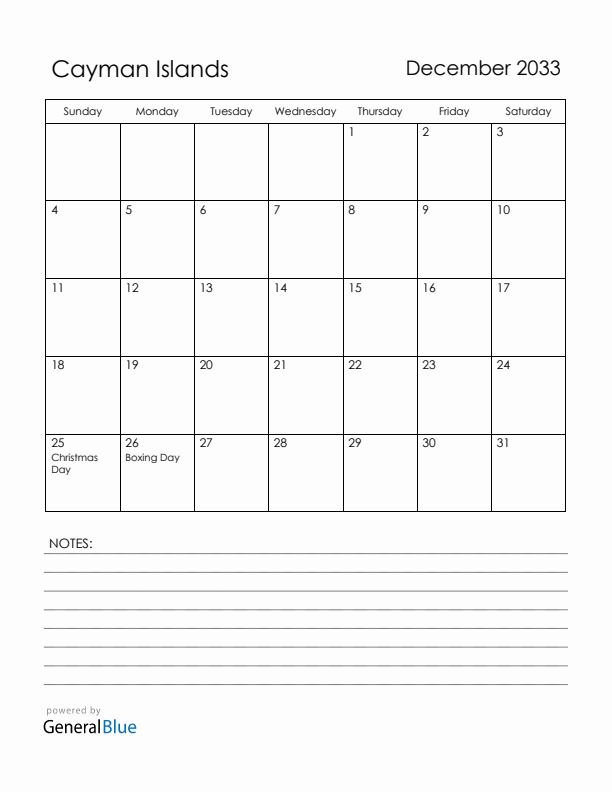 December 2033 Cayman Islands Calendar with Holidays (Sunday Start)