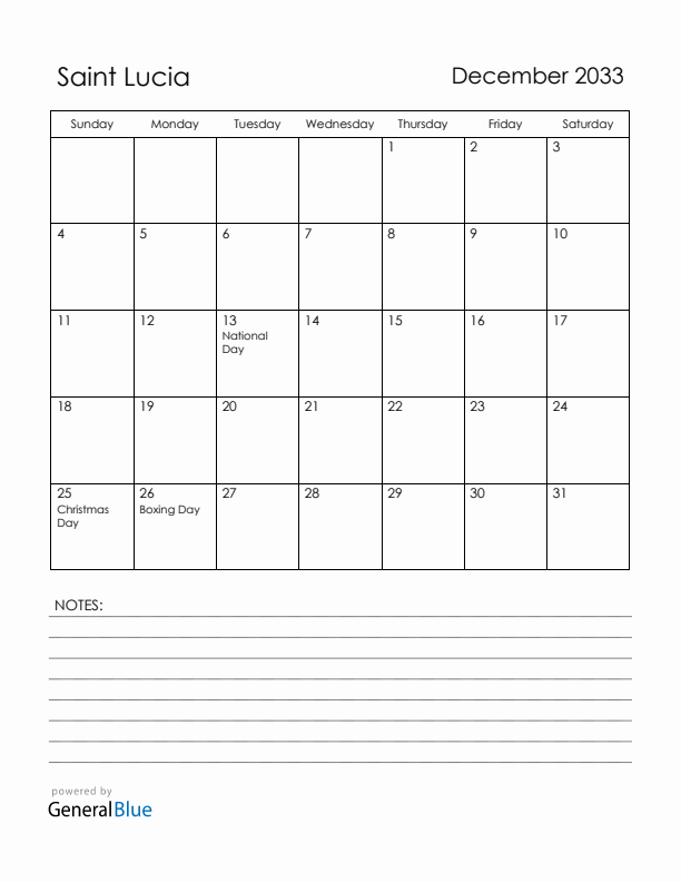 December 2033 Saint Lucia Calendar with Holidays (Sunday Start)