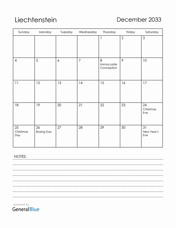 December 2033 Liechtenstein Calendar with Holidays (Sunday Start)