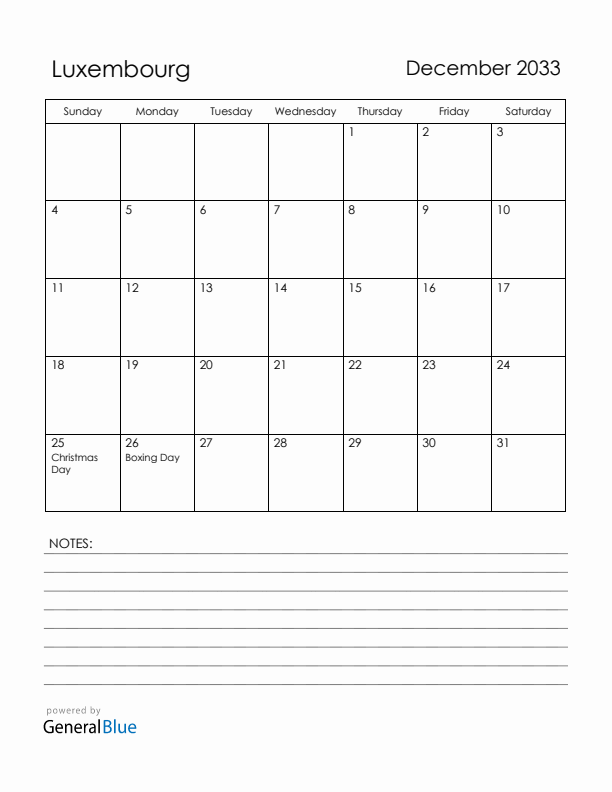 December 2033 Luxembourg Calendar with Holidays (Sunday Start)